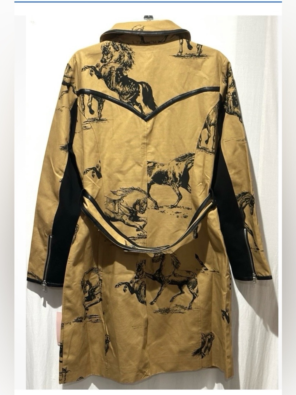 Avec Les Filles Tan Trench Coat with Black Horse Print - Size S - Picture 2 of 8
